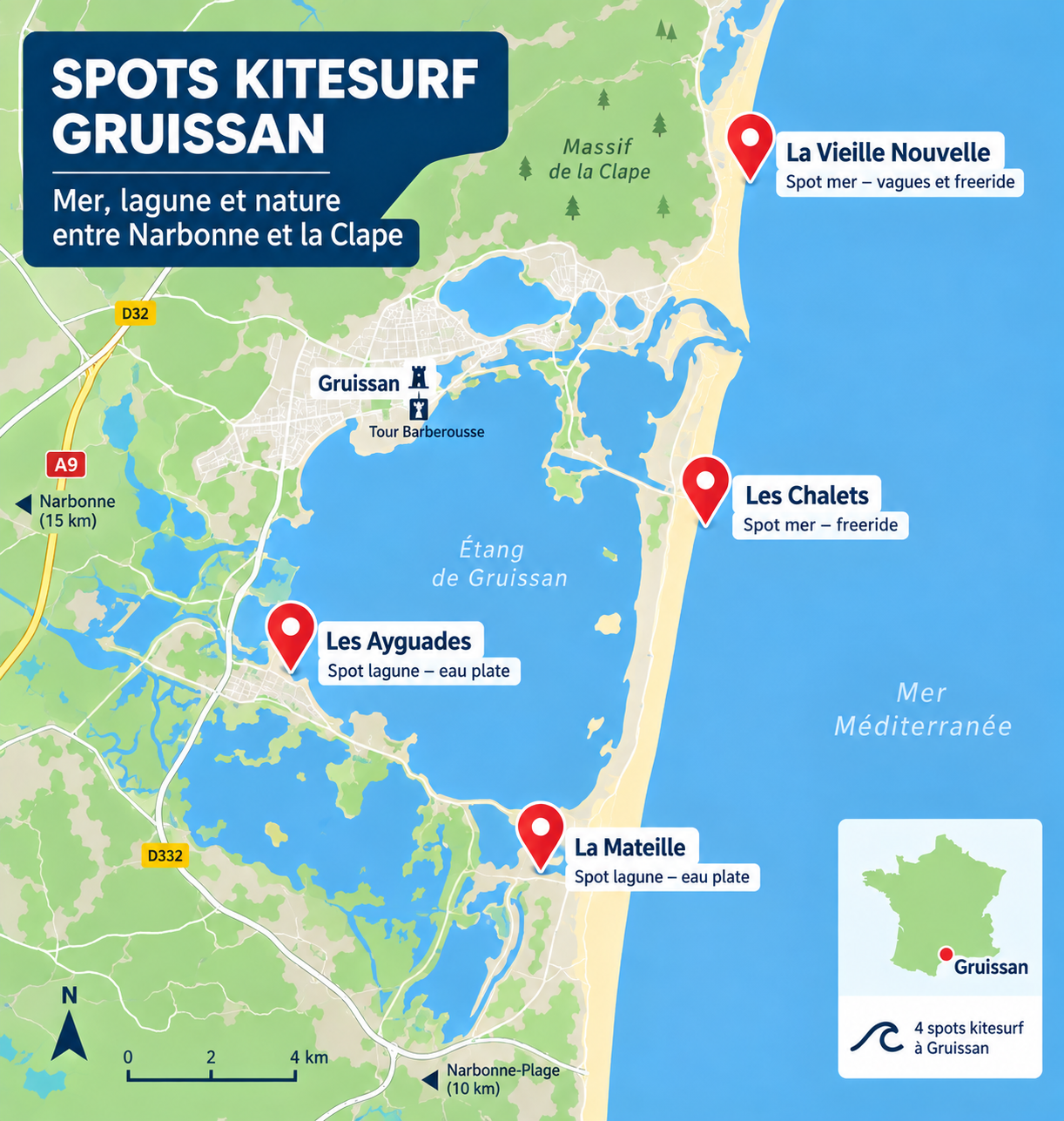 carte spots kitesurf gruissan — lagon étang plan d'eau