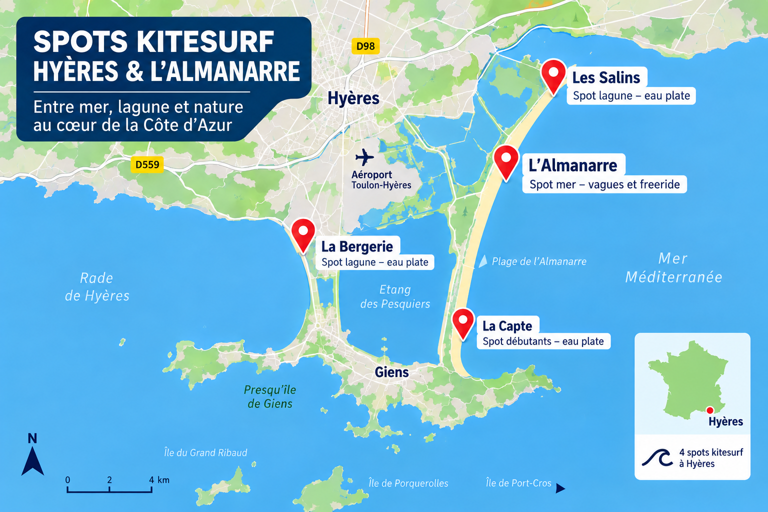 carte kitesurf hyères almanarre — presqu'île de giens spots