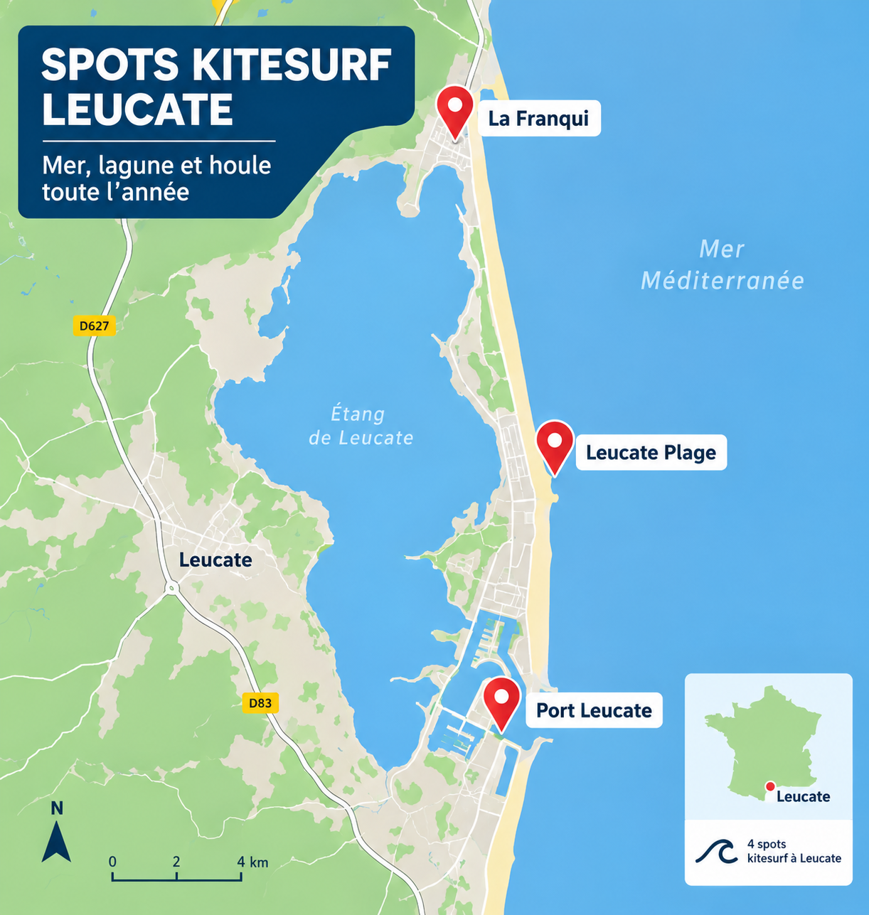 carte spots kitesurf leucate la franqui port-leucate etang