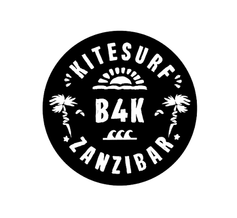 B4 Kitesurf Zanzibar logo: a black round badge with a sun, palm trees and waves