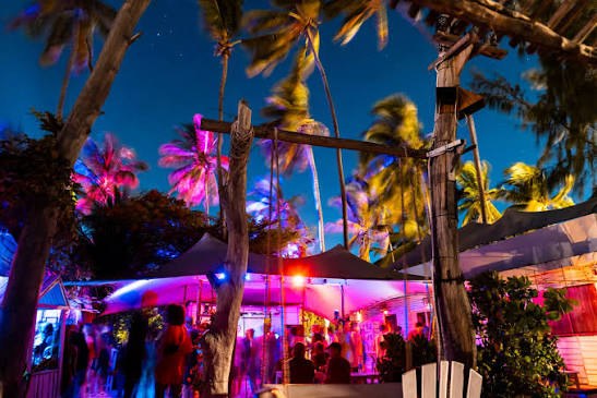 Una festa serale in un beach club di Paje, con le palme illuminate di rosa e blu sotto il cielo notturno