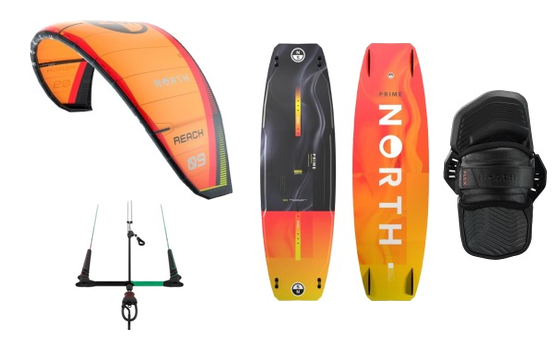 Kit kitesurf per principianti: un’ala North Reach, barra, tavola twintip Prime e attacchi